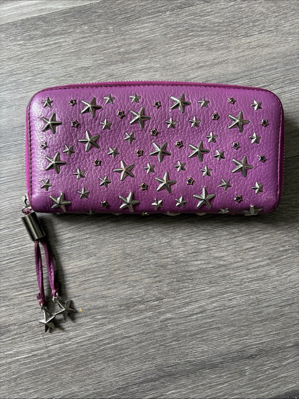 Jimmy Choo magenta leather silver Star-Studded & purple rhinestones Zippy Wallet